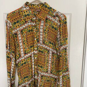 Eva Castillo yellow pink botanical/folk patterned button down shirt